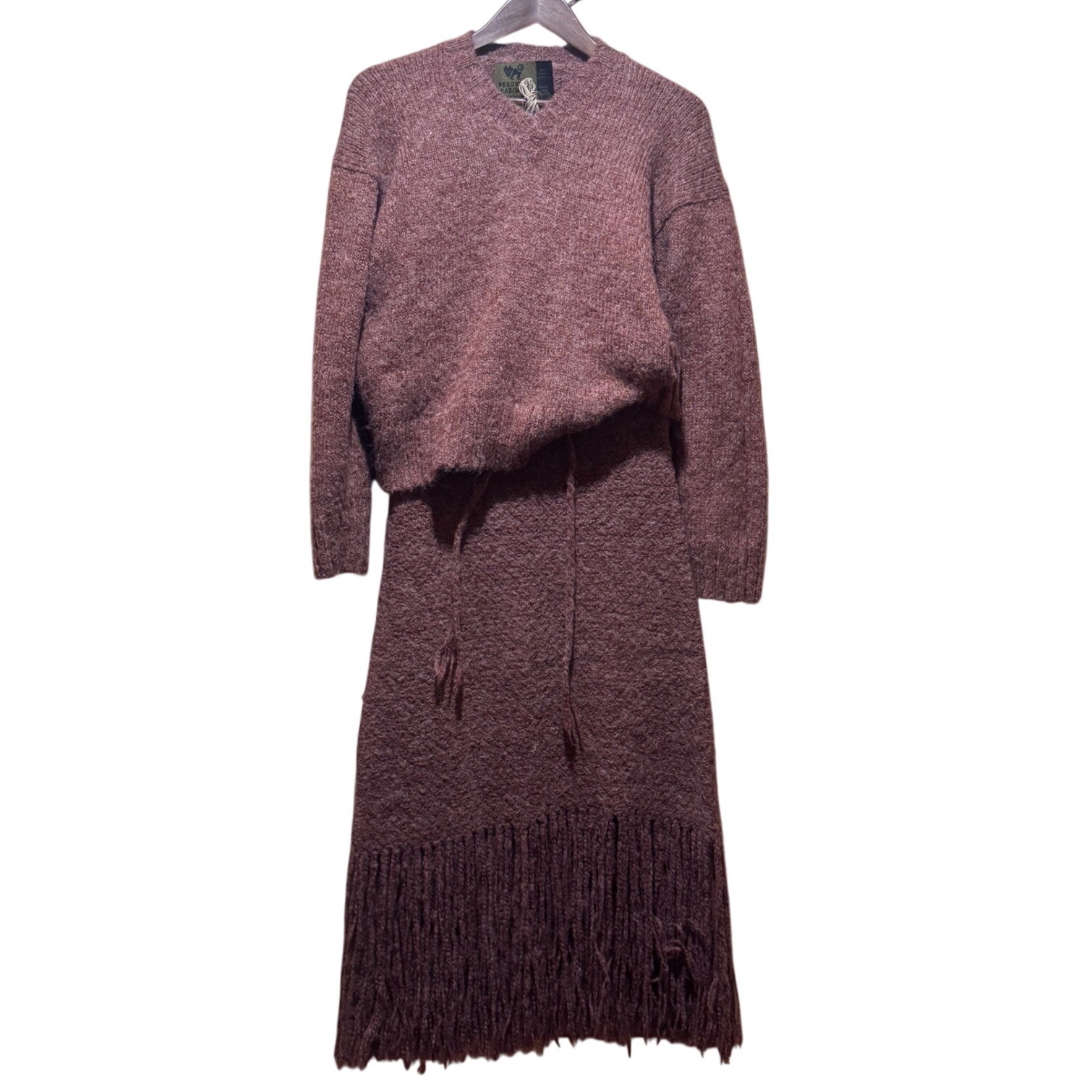 Vintage Peruvian Trading Mauve Knit Sweater & Fringe Skirt Boho Hippie Festival